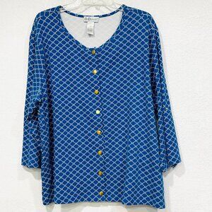 D&D Lifestyle Stretch Tunic Top Snap Front Blue White Roll Tab Sleeves Womens 2X